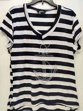 SJS Navy & White Striped Tee with Rhinestone Anchor Size XL
